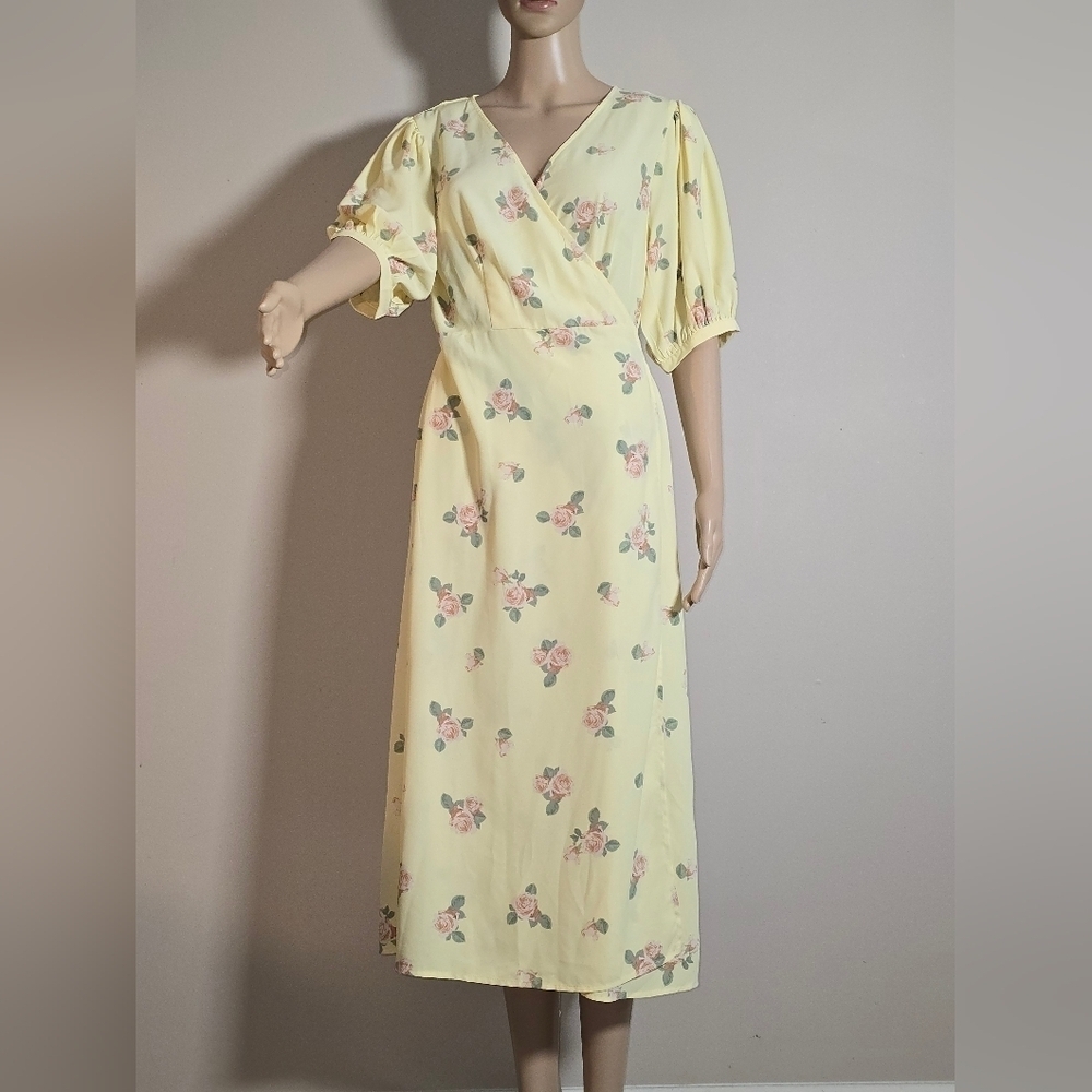 Glamorous midi floral wrap flowy dress color lemon yellow size 10
